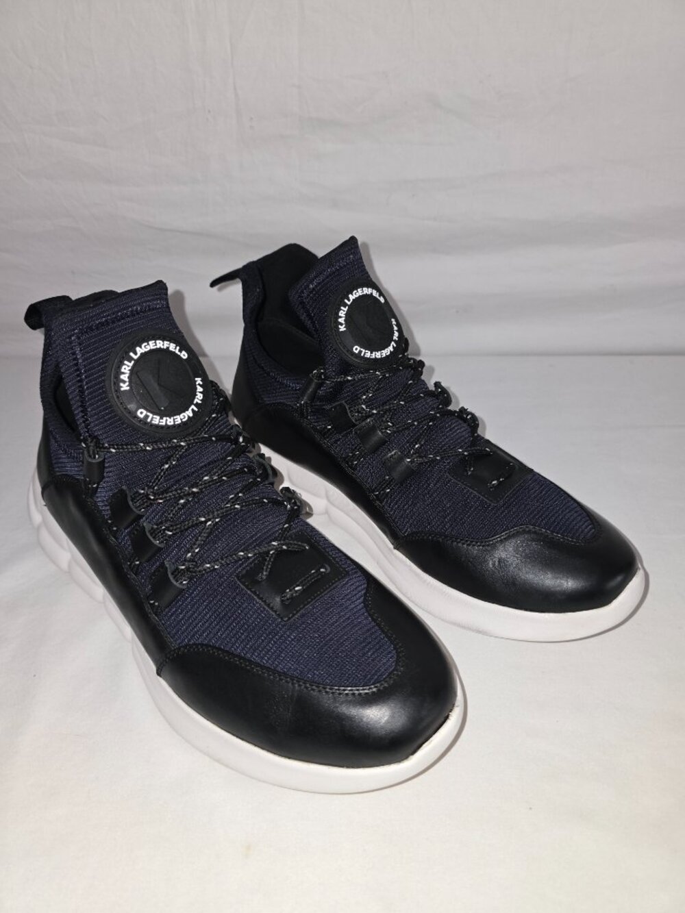 Karl Lagerfeld Black Leather / Dark Navy Blue Mesh Sneakers Men's Size 9.5 US